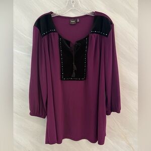 Rafaella 3X  Purple w/Velvet and Accents 3/4 Sleeve Neck Keyhole Stretch Blouse